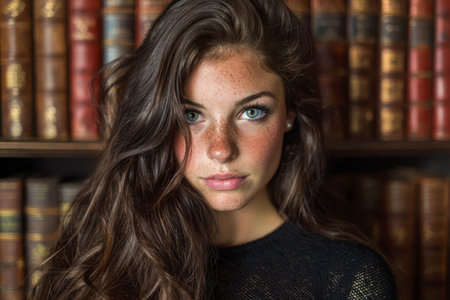 A young woman with striking green eyes and delicate freckles gazes softly, framed by a backdrop of antique books bathed in cozy, amber-toned illumination.のeditorial素材