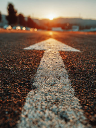 A crisp white arrow guides the eye along a rough asphalt path toward a radiant evening sky, evoking...