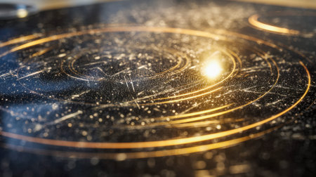 Vibrant golden swirls weave across a glossy black plane, evoking a sense of space-age elegance with...