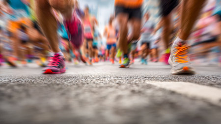 Dynamic image capturing athletes in full stride during a city street race, emphasizing speed and...