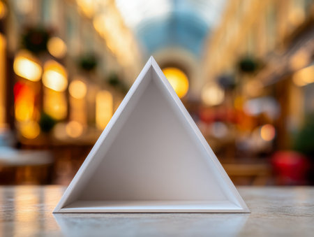 A sleek, minimalistic white triangular menu display resting on a polished marble countertop, set...