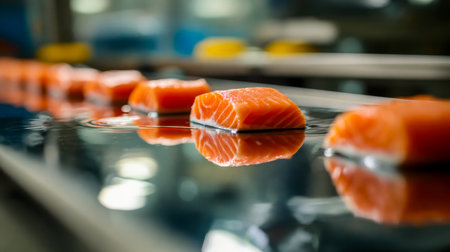 Vibrant salmon portions submerged in clean water, highlighting freshness and precision in a bustling seafood processing environment.の写真素材