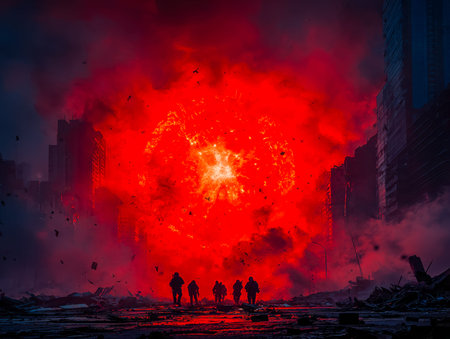 A civilian and rescue personnel navigate a shattered urban scene engulfed in flames and chaos,...