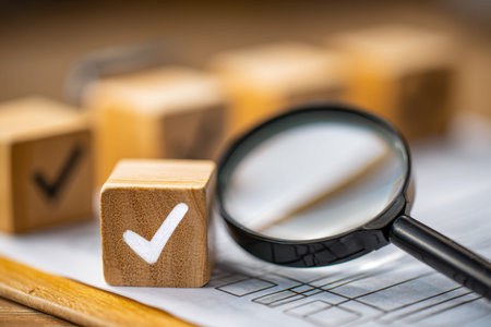 Organized wooden tokens with iconic symbols highlight thorough evaluation, accompanied by a...