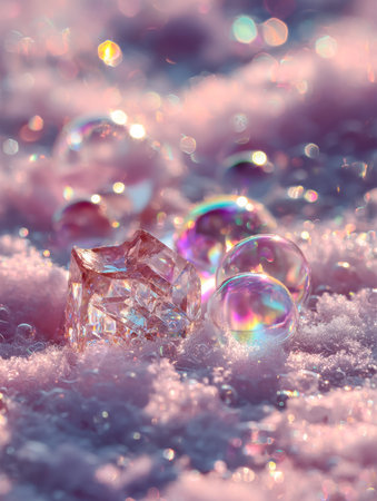Glittering frost patterns and iridescent bubbles rest delicately atop a snowy landscape, casting...