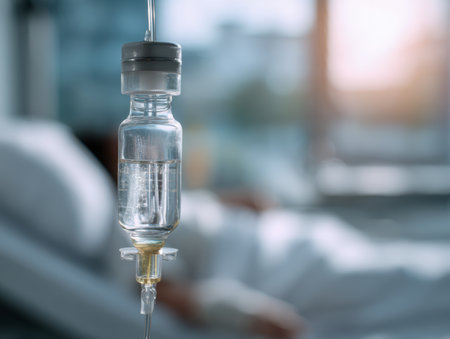 Soft sunlight spills into a hospital room, illuminating a patient receiving vital fluids through a hanging intravenous bag, symbolizing hope and compassionate care.のeditorial素材