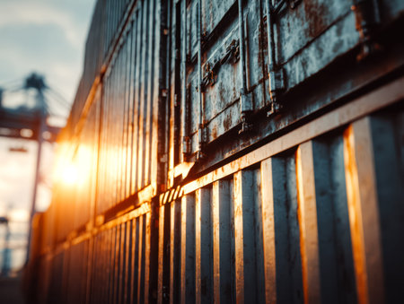 Warm evening light softly dances across rows of cargo units, casting shimmering patterns on their...