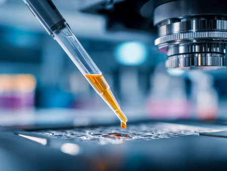 A scientist's hand carefully uses a pipette to dispense bright orange reagent into a multi-well...