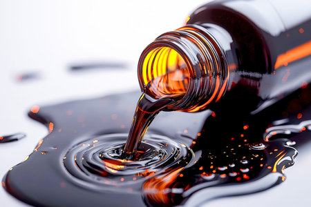 A moody, detailed shot captures a dark glass releasing thick, glossy black liquid onto a shiny...