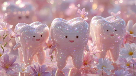 Cheerful tooth-shaped figurines nestled among delicate pink and white blooms shimmer against a...
