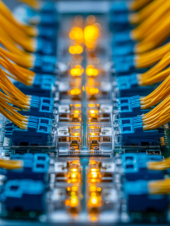 A sleek network hub features glowing ports with vibrant yellow cables securely connected to blue...
