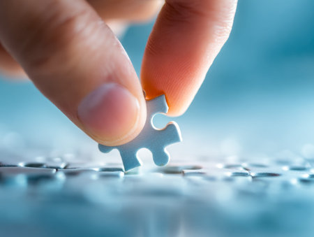 A person carefully inserts a matching puzzle fragment onto a vibrant blue background, symbolizing...
