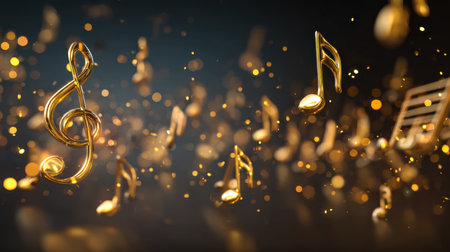 Vibrant golden notes drift among shimmering sparkles and glowing light flares, creating a lively and elegant musical atmosphere.の写真素材