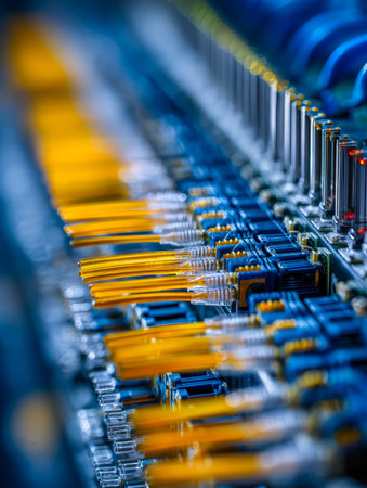 A sleek telecommunications hub features a modern server interface with vibrant yellow fiber optic...