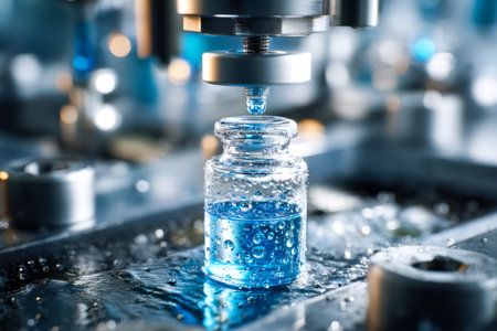 A scientist carefully fills a clear glass container with a vibrant blue liquid, showing meticulous precision in a controlled laboratory environment.の写真素材