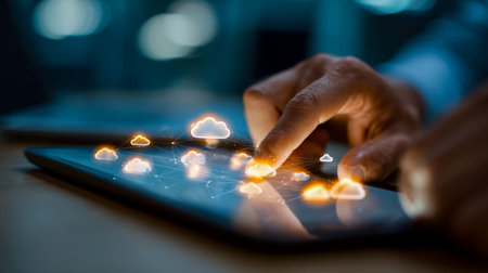 A professional engages with a vibrant, glowing data cloud displayed on a sleek touchscreen,...