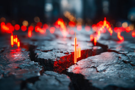 Vibrant neon data streams illuminated fractured pavement beneath a cityscape, blending technology...