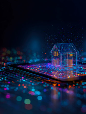 A luminous, 3d projection of a residence glows amidst a sleek, tech-driven landscape, symbolizing...