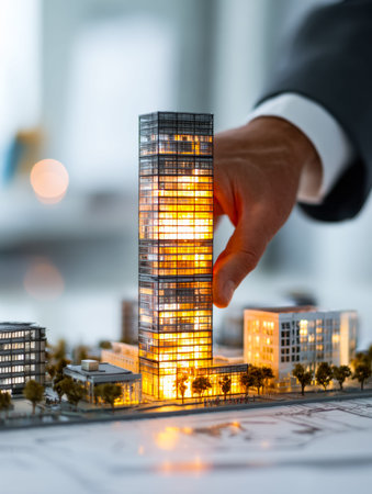 A professional draftsman carefully positions a luminous, intricately detailed miniature of an urban...