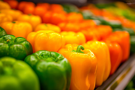 Vibrant, glossy peppers in shades of red, yellow, orange, and green are artfully stacked in a...