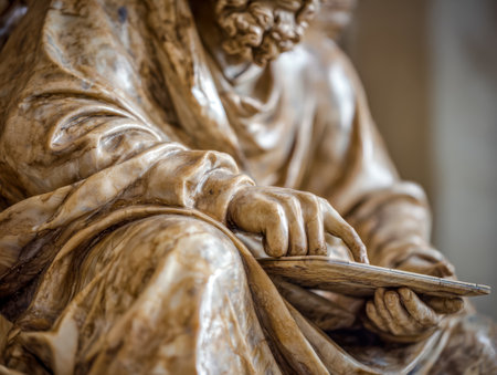 A finely carved marble hand grips a writing instrument, with elaborate folds and patterns in the surrounding attire enhancing the sculpture's historical elegance.の写真素材