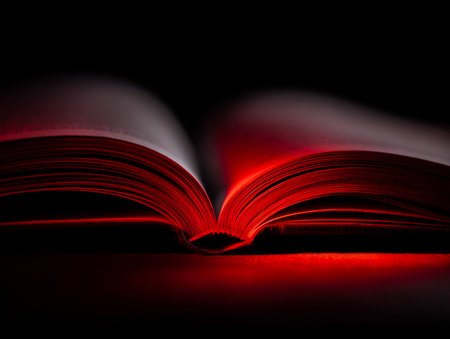 An illuminated crimson tome casts an mesmerizing glow amid shadows, drawing curiosity and evoking an...