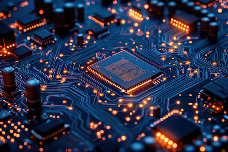 A detailed view of a circuit board highlighting glowing mechanisms and tiny silicon elements,...
