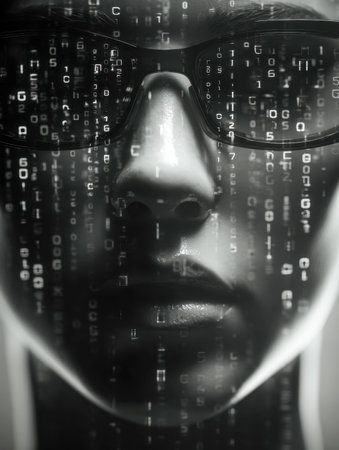 A contemplative human visage intertwined with flowing digital streams, embodying the fusion of human...