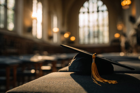 A scholar's cap with a gleaming tassel gently placed on a wooden bench amid the gentle glow of an...