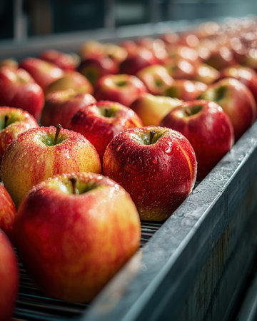 Vibrant ripe apples glisten with dew, neatly arranged on a plain surface, evoking freshness and...