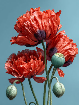 A vivid close-up capturing fiery red blossoms with intricate, textured petals and striking seed pods, set against a gentle blue backdrop that highlights nature?s delicate elegance.の写真素材