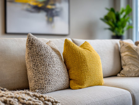 An inviting contemporary lounge features plush seating accented with vibrant mustard and...
