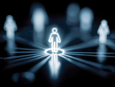 A luminous humanoid silhouette surrounded by a web of interconnected nodes and lines, representing...