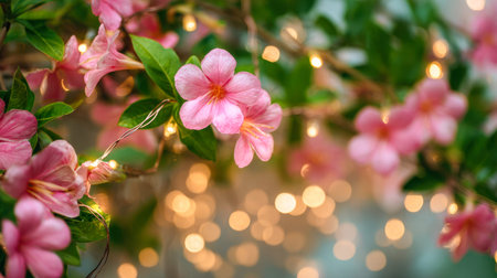 Soft pink blooms blend seamlessly with shimmering string lights, casting a gentle glow over lush...