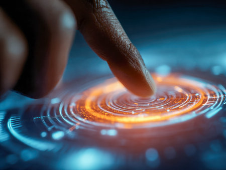 A hand gently touches a luminous orange ring embedded in a sleek, high-tech setting, symbolizing...