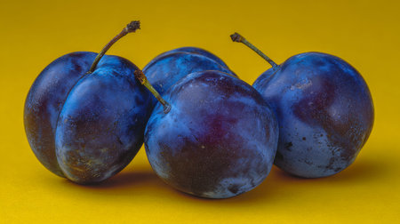 A cluster of four lush purple plums with green stems set against a striking yellow backdrop,...