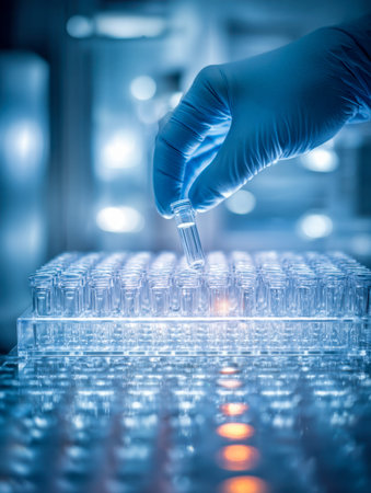 A gloved hand skillfully places a tiny clear vial into a neatly organized tray of similar samples...