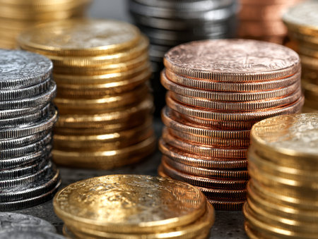 Gleaming metallic coins in hues of gold, silver, and copper are densely packed in a striking macro...