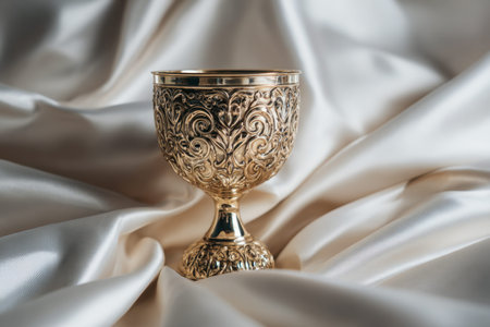 A magnificent gold vessel adorned with delicate floral engravings rests gracefully on plush satin,...