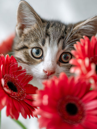 A charming feline rests amid a burst of crimson blossoms, radiating innocence and serenity in a...