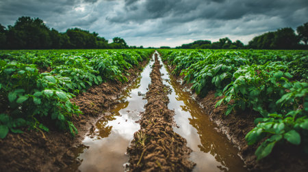 Verdant crop fields stretch rhythmically beneath a brooding sky, droplets nourishing the earth amid...