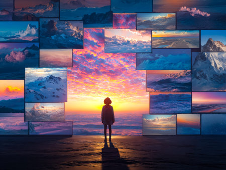A curious young girl gazes at a radiant sunset, encompassed by a dynamic mosaic of breathtaking...