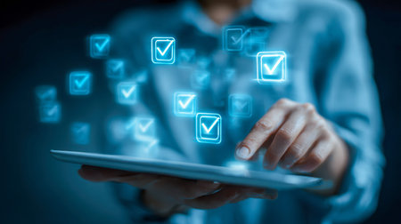 A person interacts with a sleek digital device, surrounded by luminous checkmarks symbolizing task...