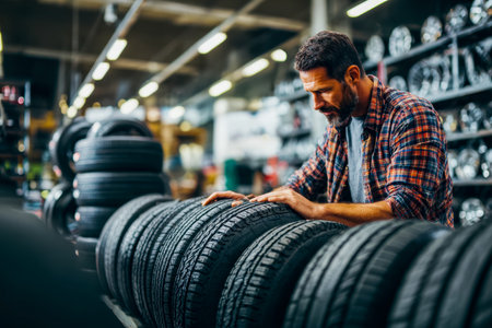 A technician carefully examines stacked rubber wheels amid shelves filled with automotive parts in a busy workshop setting.のeditorial素材