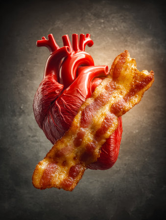 A vivid, surreal illustration blending anatomical detail with gastronomy, showcasing a heart intertwined with a sizzling strip of bacon, evoking passion and indulgence.の写真素材