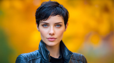A self-assured woman with a bold stance, short obsidian hair, donning a sleek black leather jacket, set against a lively tapestry of fall foliage.のeditorial素材