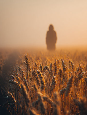 An enigmatic figure gazes across a tranquil dawn-lit landscape, where tall wheat sways gently in amber light beneath soft, golden hues of morning haze.の写真素材