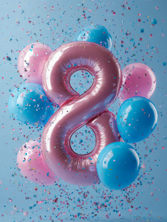 A dazzling silver numeral eight balloon is set amidst cheerful pink and blue globes, with vibrant...