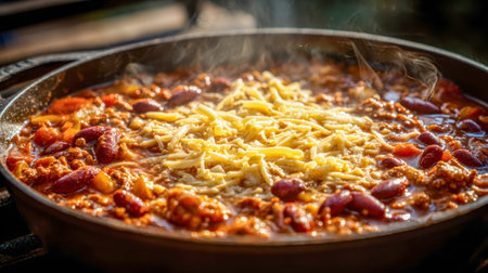 A hearty, bubbling stew served in a rustic skillet, showcasing vibrant beans, savory meat, fresh...