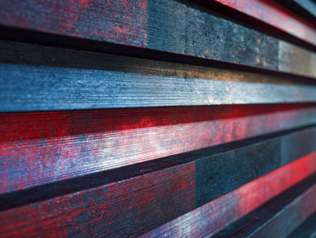 Bold red and blue hues streak across textured wooden surfaces, forming parallel lines that highlight...